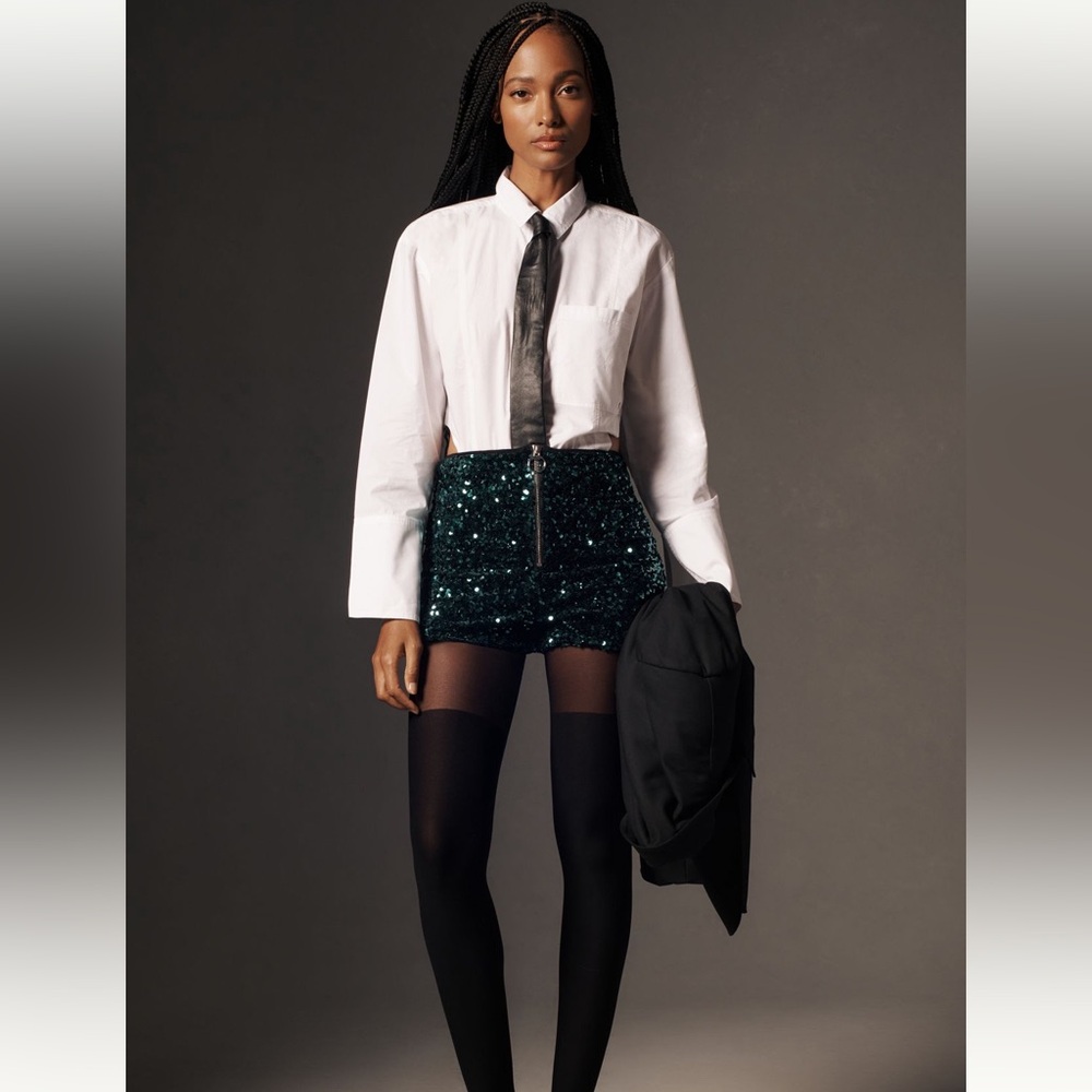 Anthropologie Maeve Dark Green Sequin High Waist Shorts sz 8